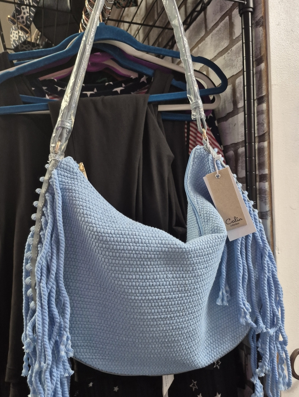 Blue Knit Shoulder Bag with fringe NWT